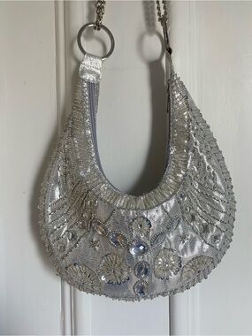 y2k Silver Beaded Crescent Shoulder Bag - Evening Handbag